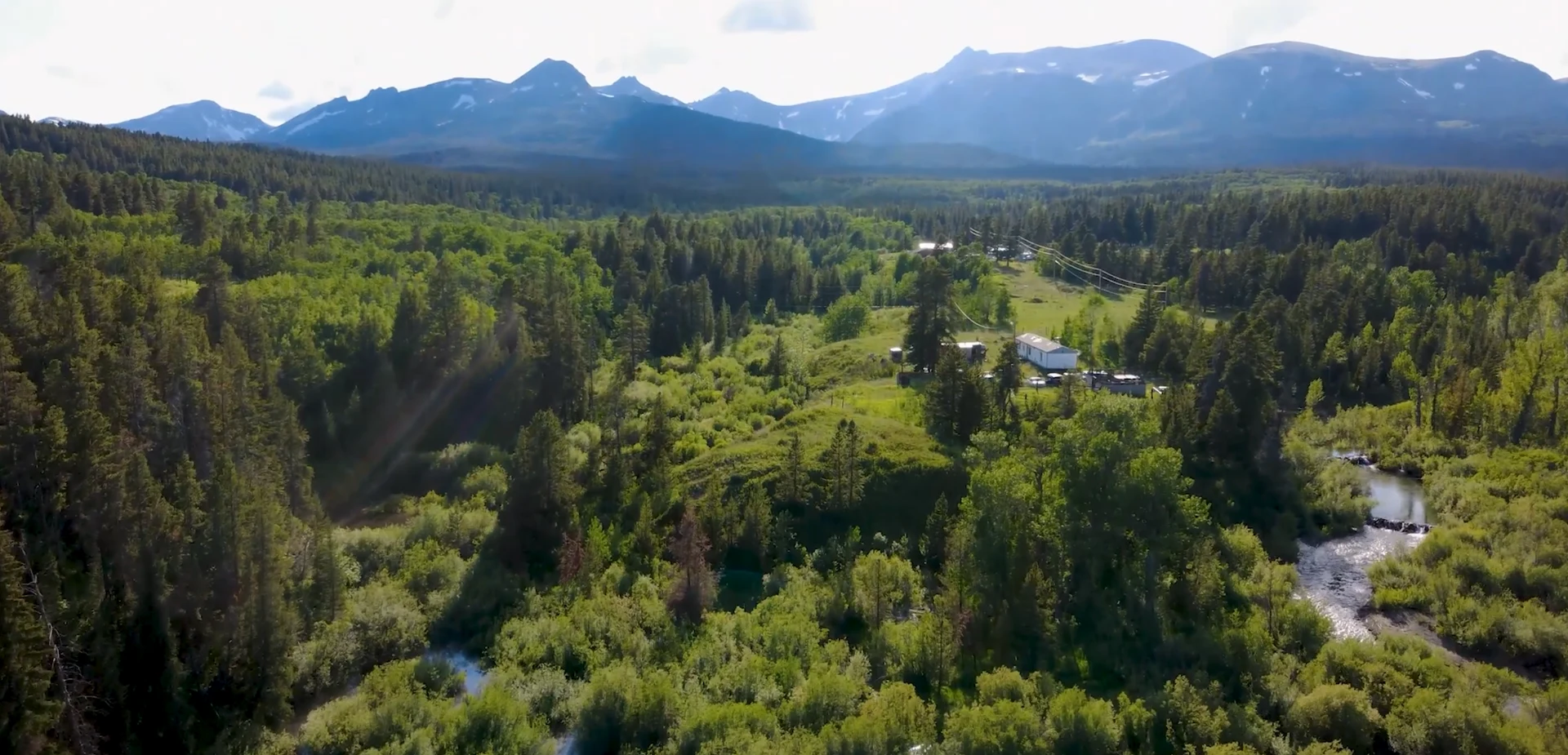 Forested valley, winding river and mountain ridgeline in Montana